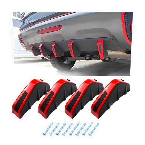 KVAEY 4 PCS Rear Lower Bumper Wing Lip Diffuser, Shark Fin Spoiler Wing Decoration, Universal Bumper Lip Splitter for Trucks SUVs, Car Accessories (Black & Red)