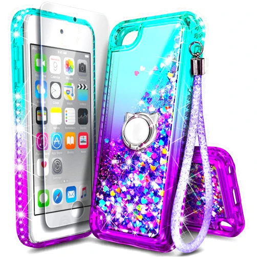 NGB Supremacy NGB iPod Touch 7 Case, iPod Touch 6/5 Case with HD Screen Protector and Ring Holder for Girls Women Kids, Glitter Liquid Cute Case for Apple iPod Touch 7th/6th/5th Generation (Aqua/Purple)