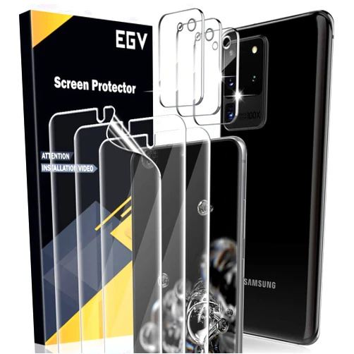 EGV for 2pcs Flexible TPU Screen Protector, 3pcs Tempered Glass Camera Lens Protector for Samsung Galaxy S20 Ultra 6.9-inch,Positioning Tool, Support Fingerprint, Bubble Free