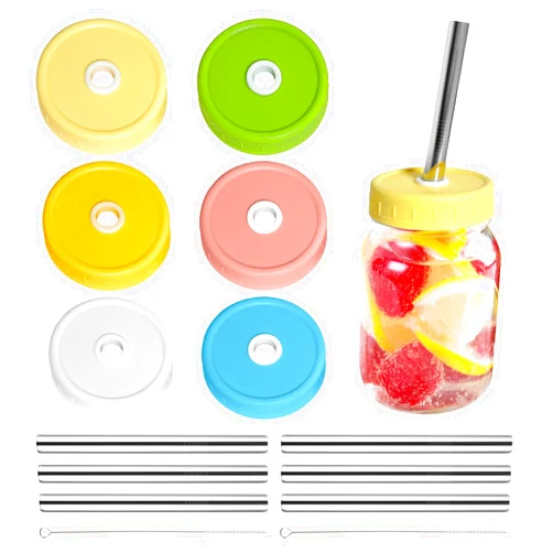 SusuBee 6 Plastic Pack Mason Jar Lids, Colorful Wide Mouth Mason Jar Drinking Lids Compatible for Mason Jar, Canning Ball Jars, with Straws and Cleaning Brush (JAR NOT INCLUDES)