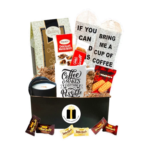 Golden Gift Box Coffee Gift Basket - Bistro Coffee Mug, Socks, Gourmet Coffee Snacks - Coffee Gifts for Men Women (Coffee & Snacks Deluxe Set)