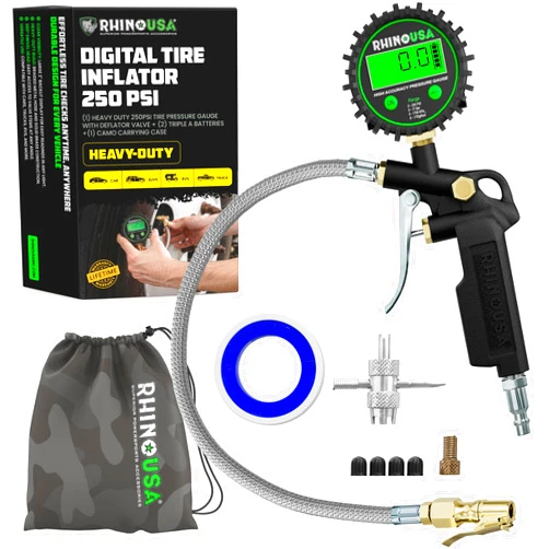 Rhino USA Digital Tire Pressure Gauge with Inflator (250 PSI) Professional Air Chuck & Air Compressor Attachments - High Pressure Tire Gauge with 0.1 Display Resolution - Best Car Accessories (1-Pack)