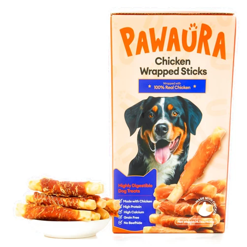 Pawaura Chicken Wrapped Calcium Bones 14.1 oz, Rawhide Free Dog Chew Treats with Goat Milk, Natural Training Sticks Long Lasting for Small Medium Large Dogs
