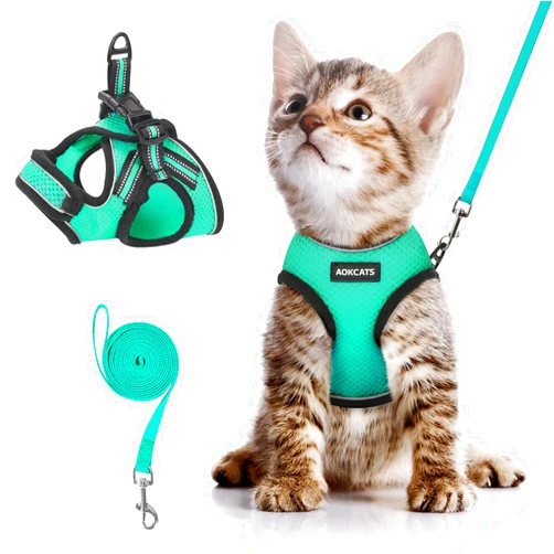 AOKCATS Cat Harness and Leash Set, Escape Proof Soft Adjustable Kitten Vest Harnesses for Walking with Reflective Strips Breathable Mesh Kitty Jacket for Small Cats Comfort Easy Control, Emerald, S