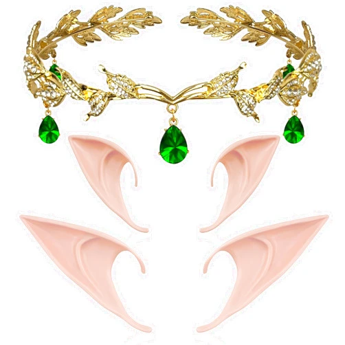 Dolkoic Vintage Waterdrop Leaf Tiara Crown Headband Elf Ears for Halloween Bridal Bridesmaid Pageants Wedding Prom