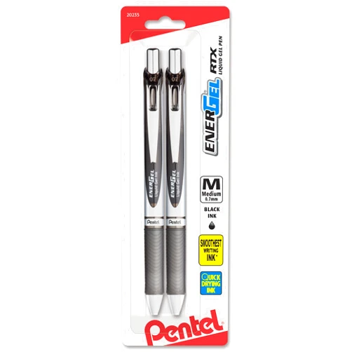 Pentel EnerGel RTX Retractable Liquid Gel Pen, (0.7mm), Medium Line, Metal Tip, Black Ink, Pack of 2 (BL77BP2A)
