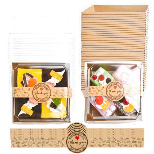 TECARATE Paper Charcuterie Boxes with Clear Lids and Stickers - 50 SETS 4 Inches Square Disposable Food Containers Bakery Boxes for Bakery, Macaron, Sandwich, Slice Cake, Cookies, Hot Cocoa Bombs, Strawberries (Brown)