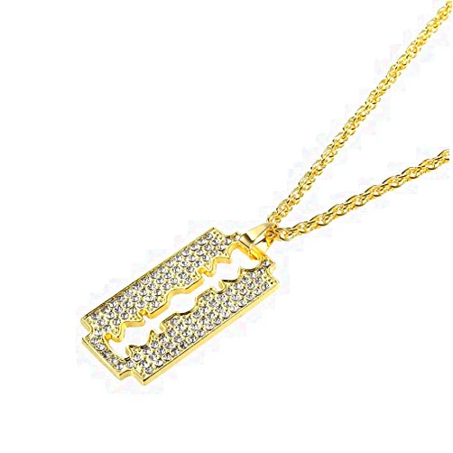Honeshop 1PC Hip Hop Necklace Men Gold Rhinestone Razor Blade Pendant Long Chain Jewelry