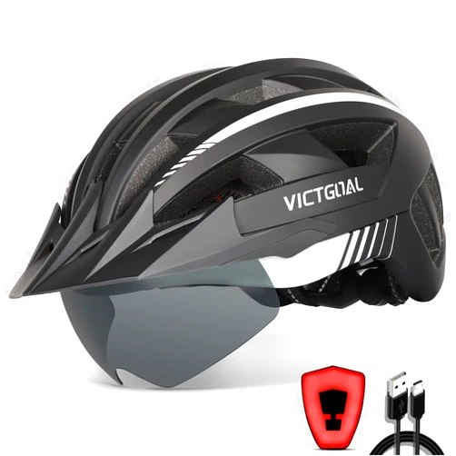 VICTGOAL Bike Helmet with USB Rechargeable Rear Light Detachable Magnetic Goggles Removable Sun Visor Mountain & Road Bicycle Helmets for Men Women Adult Cycling Helmets