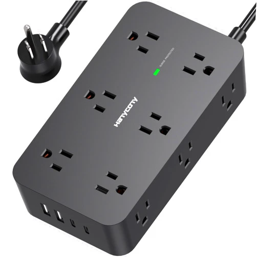HANYCONY Power Strip Surge Protector with 12 Outlets 4 USB Ports(2 USB C), Black Flat Extension Cord 6 Feet, 1800J, Wall Mount, Desk Charging Station for Office Home College Dorm Room Essentials, ETL Listed