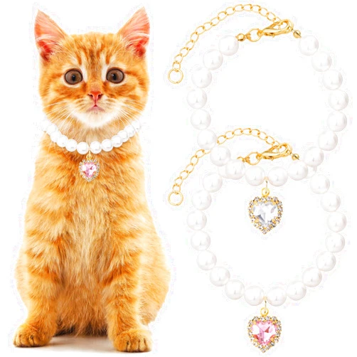Mxxipp 2pcs Cat Dog Pearl Collar, Small Heart Shape Rhinestone Pet Necklace, Adjustable Wedding Party Pet Jewelry Accessories for Puppy Small Cats- White & Pink