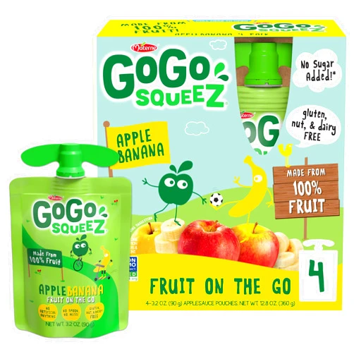 GoGo squeeZ Fruit on the Go, Apple Banana, 3.2 oz (Pack of 4), Unsweetened Fruit Snacks for Kids, Gluten Free, Nut Free and Dairy Free, Recloseable Cap, BPA Free Pouches