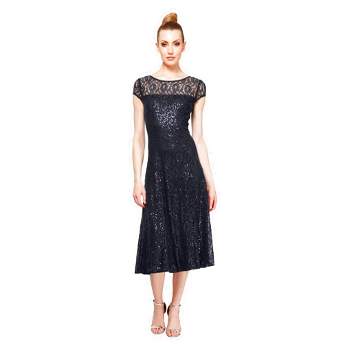 S.L. Fashions Women's Short Sleeve Sequin and Lace Tea Length Mother of The Bride Dress (Petite and Regular Sizes)