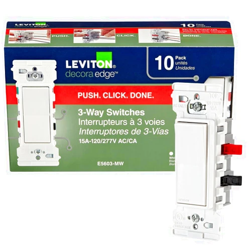 Leviton E5603-MW Decora Edge 15 Amp 3-Way Rocker Switch, 10-Pack, White
