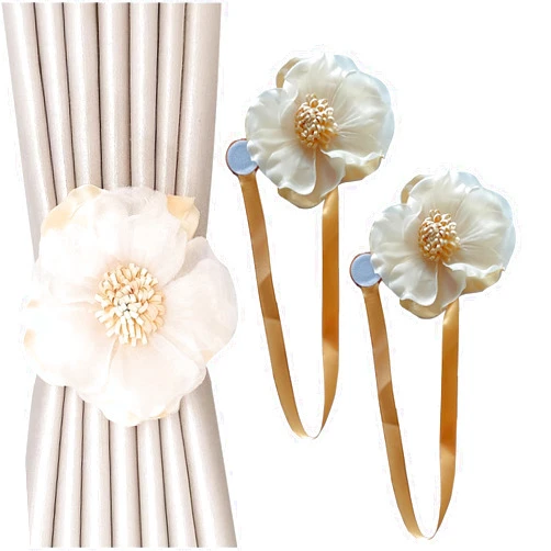 Jingewell 2 Pieces Magnetic Curtain Tieback Large Artificial Sunflower Decorative Tie Back Clips Window Drape Magnetic Button Tiebacks Holdbacks Rope for Home Office Bathroom (2, White&Cream)