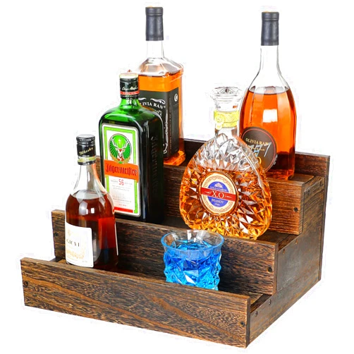 ERTIUANIO 3 Step Real Wood Countertop Liquor Bottle Display Shelf, 12 Bottle Freestanding Bar Shelves with Fences, Home Retro Wine Rack Storage Organizer, Whiskey Coffee Syrup Display Stand