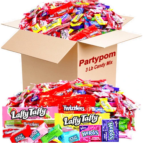 Partypom Bulk Candy Assortment, 3 Lbs Of Individually Wrapped Nerds, Laffy Taffy and Jolly Rancher Chews and Twizzlers for Candy Bowls, Kids’ Parties, Parades & Piñatas
