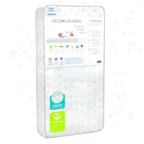 Delta Children Twinkle Galaxy Dual Sided Crib and Toddler Mattress - Premium Sustainably Sourced Fiber Core - Waterproof - GREENGUARD Gold Certified (Non-Toxic) - 7 Year Warranty - Made in USA
