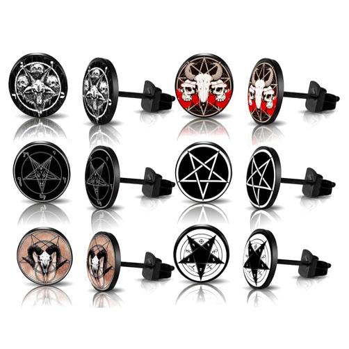 SIISPRI 6Pairs Satan Goat Head Stud Earrings Mens Earrings Set Hypoallergenic Surgical Punk Magic Pentagram Stainless Steel Round Circle Button Stud Post Earrings 10MM