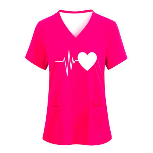 LOMON V Neck Print Scrub Tops for Women Short Sleeve Scrub Shirts Stretchy Holiday Nurse Uniform with 2 Pockets