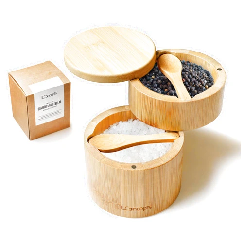 ILConcepts 2-Tier Bamboo Salt and Spice Cellar with Swivel Magnetic Lid & Built-In Spoons - Dual Compartment (8oz & 4oz) Wooden Container, Storage Box for Salt, Pepper, Sugar, Herbs, Seasonings