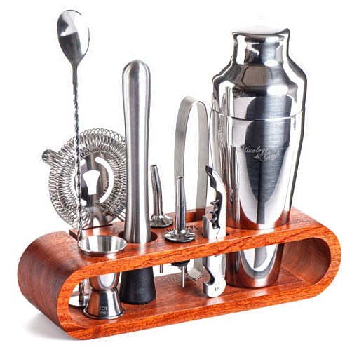 Mixology & Craft Mixology Bartender Kit: 10-Piece Bar Tool Set with Mahogany Stand | Perfect Home Bartending Kit and Martini Cocktail Shaker Set For a Perfect Drink Mixing Experience | Fun Housewarming Gift (Silver)