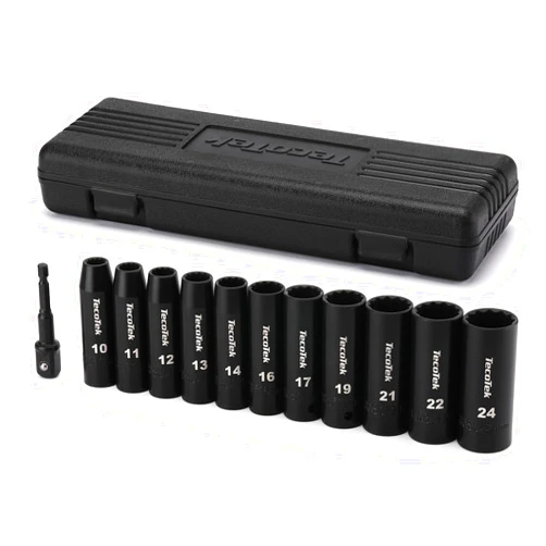TecoTek 12 Pieces 1/2-Inch Drive Deep 12-Point Metric Impact Socket Set, Cr-V, 10mm to 24mm, Drill Socket Adapter 1/2
