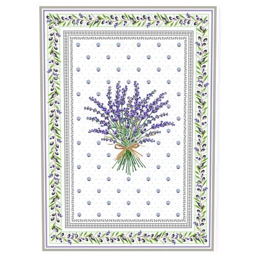 Tissus Toselli Lavender White, Provence Collection Kitchen, French Farmhouse, Lavender and Olive Twigs, Tea Towel, 100% Cotton, (White), 2546087517