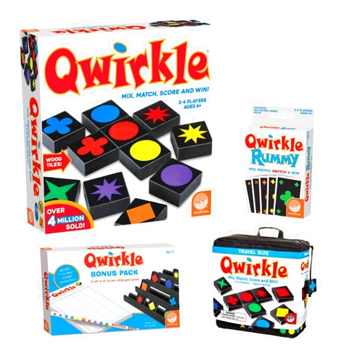 MindWare Complete Qwirkle Family Game Pack: Qwirkle, Qwirkle Travel, Qwirkle Rummy, and Qwirkle Bonus pack