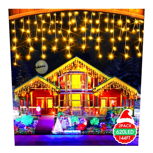 Hezbjiti 2PACK Christmas Lights Outdoor 620LED ice Lights(Total 1240LED) 68FT with 8 Modes Timer Memory Waterproof String Lights Plug in for Xmas Holiday Eaves Party Yard Garden Decor.