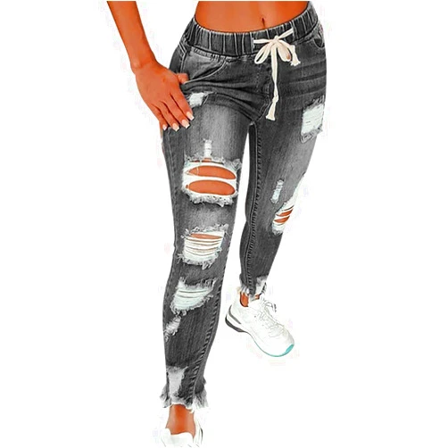 KUNMI Women High Waist Skinny Stretch Ripped Jeans Destroyed Denim Pants Plus Size
