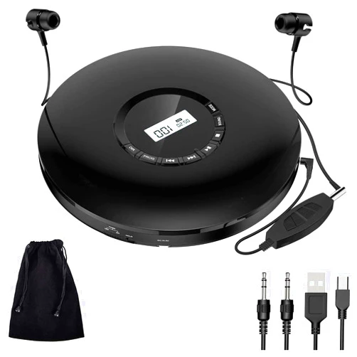 Gueray CD Player Portable Gueray Rechargeable Portable CD Player Car 1400mAh CD Walkman Anti-Skip Shockproof Personal CD Player with Headphones Jack USB AUX CD Music Disc with LCD Display (Black)