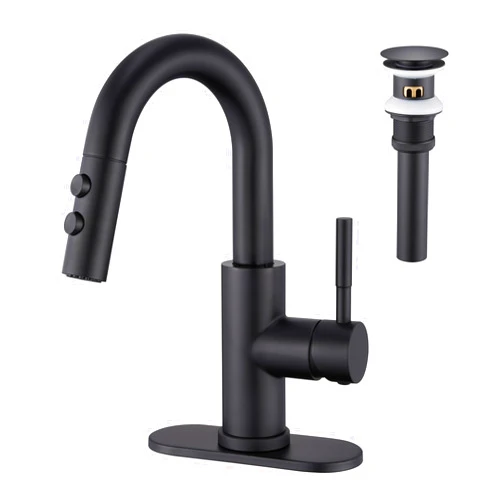 Kablle Bathroom Sink Faucet with Pull Down Sprayer, Matte Black Single Handle Pull Out Faucet with Pop-Up Drain, 4 inch Widespread Laundry Bar Basin Faucet for 1 or 3 Hole, KBL-7002B-CL2