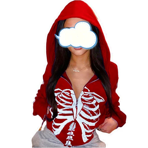 Sunloudy Women Skeleton Print Oversized Hoodie Zip Up Sweatshirt Gothic E-girl Harajuku Jackets Coat Streetwear
