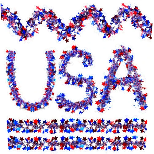 DC DCTOY 4th of July Decorations Star Tinsel Garland，65.6 FT 2 Pack Patriotic Decorations Red White and Blue Garland with Star Metallic Glitter Garland for Memorial Day Home and Party Indoor Outdoor Decor