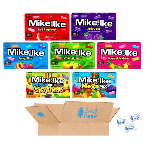 Snack Peak Mike and Ike Snack Peak Variety Gift Box 7 (4.25 oz theater boxes) – Tropical Typhoon, Berry Blast, Mega Mix, Jolly Joes, Original, Red Rageous and Mega Mix Sour