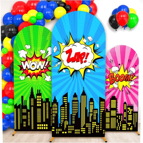 chiazllta 3 PCS Super Theme Hero Arch Backdrop Cover Hero Birthday Decorations Heroes Photography Backdrop Polyester Arch Stand Cover for Photo Props Cosplay Wedding Baby Shower Backdrop Supplies
