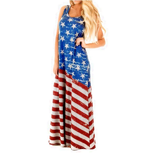 DondPO 2019 Womens Summer Dress Women Striped Long Boho Flag Print Ladies Beach Sundress Maxi Dresses Blue
