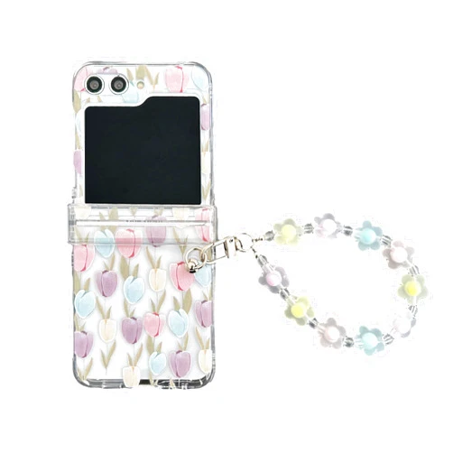 SONIGRA Flowers Girly Case for Galaxy Flip 5 2023, Floral Design Case for Samsung Z Flip 5, Cute Women Clear Protective Case Cover for Samsung Galaxy Z Flip 5 5G with Color Beads Strap, Tulip