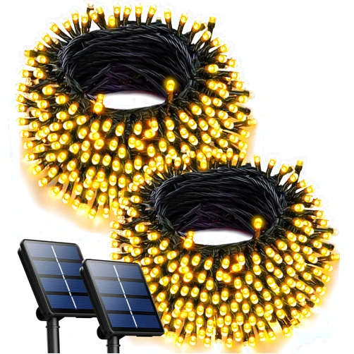 OZS 2PK 240LED 95FT Solar Christmas Lights Outdoor, Solar String Lights Waterproof, Green Wire Solar Tree Lights with 8 Lighting Modes for Xmas Party Garden Christmas Decorations (Warm White)