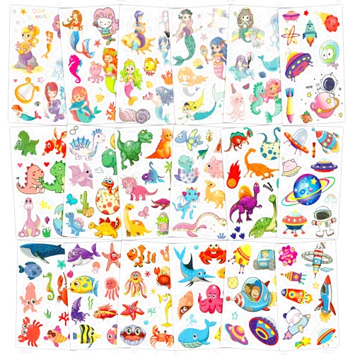 Konsait 24 Sheets Glitter Tattoos for Kids, 190+ Styles | Fish Dinosaur Space Mermaid Theme Temporary Tattoos, Cute Cartoon Temporary Tattoos for Boys Girls Birthday Party Favors Goodie Bags Stuffers
