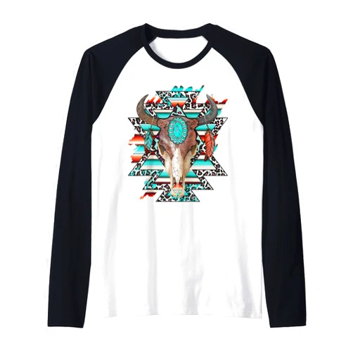 Funny Serape Western Country Graphic Design Boho Serape Turquoise Aztec Cow Bull Skull Western Cowgirl Raglan Baseball Tee