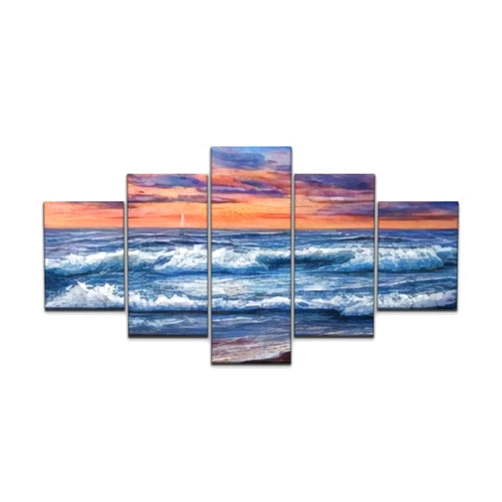 Skipvelo 5 Panel Canvas Wall Art Prints Original oil painting of Ocean and beach on canvas Rich golden Sunset Paintings Artwork Home Decor Ready to Hang for Living Room Dining Room Large Size