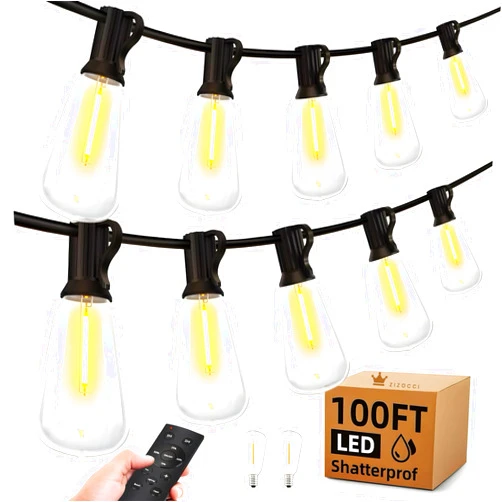 ZIZOCCI String Lights for Outside 100Ft 30M - Patio Lights Outdoor Lighting Waterproof Lights, Remote Dimmable ST38 Shatterproof Wedding Decorations, Birthday, Chrismas, Haloween, Balcony, Garden Party