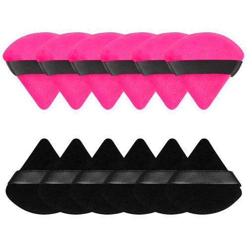 Pimoys 12 Pieces Powder Puff Soft Face Makeup Sponge Velour Triangle Powder Puffs for Loose Powder Cosmetic Foundation Sponge Beauty Makeup Tool(Black,Rose Red)