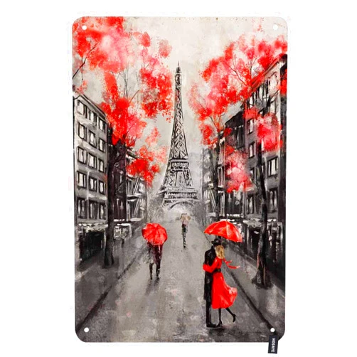 HOSNYE Oil Painting Paris Street Tin Sign Eiffel Tower Couple Under an Red Umbrella on Street Vintage Metal Tin Signs for Men Women Wall Art Decor for Home Bars Clubs Cafes 8x12 Inch