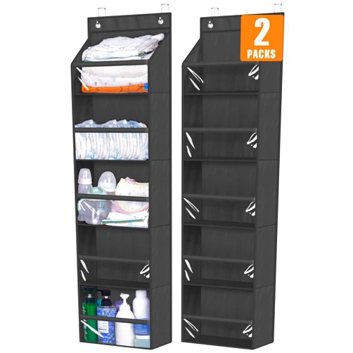AOODA 2 Pack Over the Door Organizer, Large Capacity Closet Door Hanging Organizer, Clear Deep Pockets Baby Organizer Storage for Nursery, Bathroom, Bedroom, Pantry, Diapers (Black)