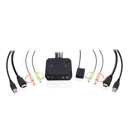 IOGEAR KVM 2-Port USB HDMI Cable KVM with Remote – 4096x2160 60Hz – Plug-n-Play - USB Hub and USB Peripheral Sharing - Attached HDMI and USB KVM Cables - Windows, Mac, and Linux - GCS92HU