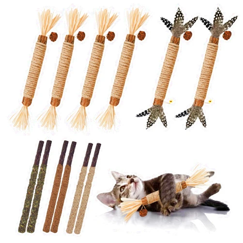 GREMBEB Cat Toys,12Pack Silvervine Cat Feather Toy Kitten Chew Stick Catnip Treat with Bell for Cleaning Teeth Indoor Kitty Teaser Wand Molar Snack for Interactive Pet Rabbit Bunny Hamster