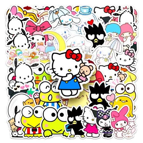 MOQIAN 50pcs Sanrio Stickers for Kids, Cute Anime Cartoon Hellokitty Mymelody Kuromi Waterproof Vinyl Decal for Teen Girl Notebook Laptop, Water Bottle, Skateboard, Guitar, Travel Case, Phone, Bike
